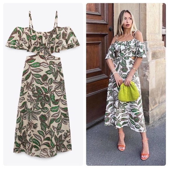 Zara Floral Leaf Print Linen Blend MIDI dress size small boho bloggers favorite - Picture 1 of 15